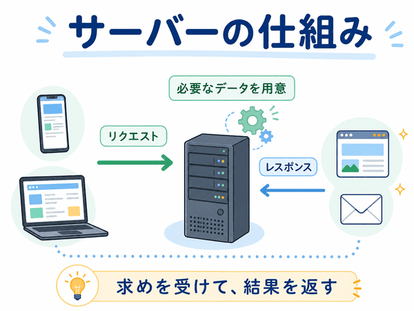 サーバーの仕組みとリクエストとレスポンスの流れを示した図解