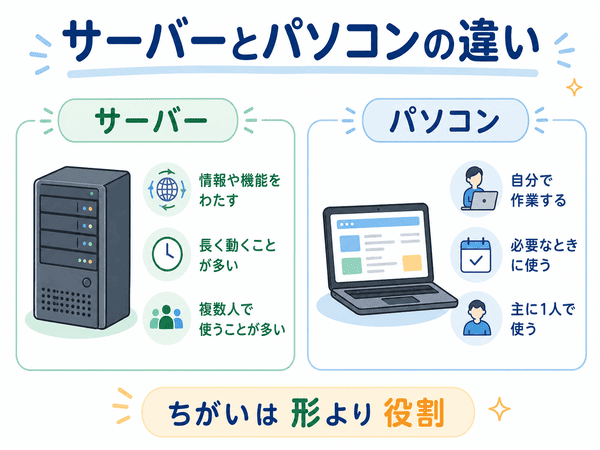 サーバーとパソコンの違いを初心者向けに説明した図解