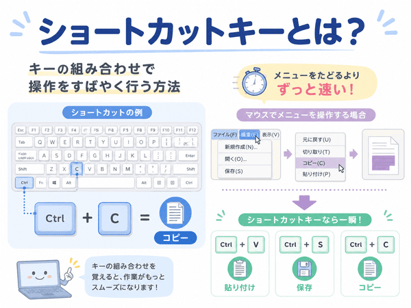 ショートカットキーとはキーの組み合わせでパソコン操作をすばやく行う方法と説明した図