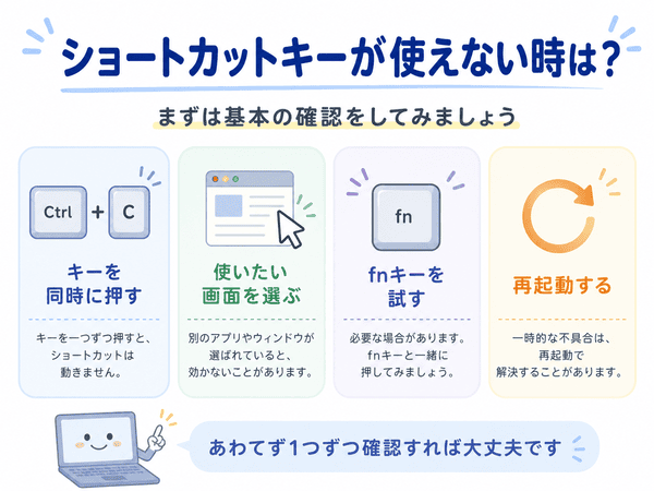 ショートカットキーが使えない時に押し方やFnキー、再起動を確認する図