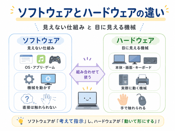 ソフトウェアとハードウェアの違いを比較した図