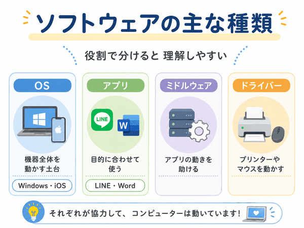 ソフトウェアの主な種類をOS・アプリ・ミドルウェア・ドライバーで整理した図
