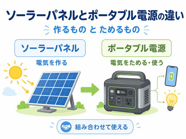 ソーラーパネルとポータブル電源の違いは電気を作るものとためるもの