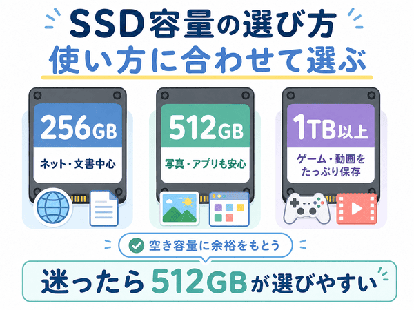 SSDの容量を256GB、512GB、1TB以上から用途別に選ぶ目安を示した図解