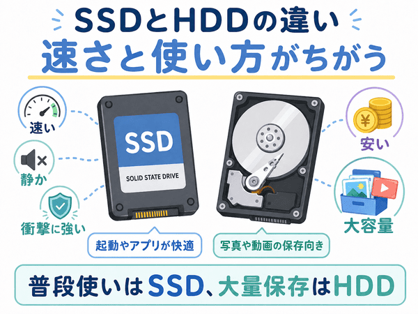 SSDとHDDの違いを速さ、静かさ、価格、容量で示した図解