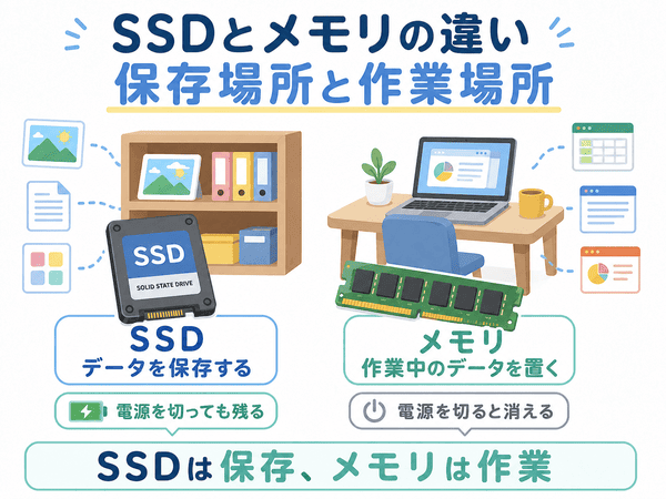 SSDはデータの保存場所、メモリは作業中のデータを置く場所である違いを示した図解