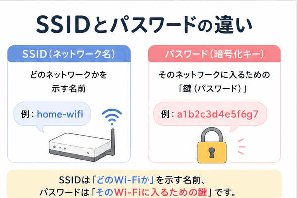 SSIDとWi-Fiのパスワードの違いを初心者向けに説明した図