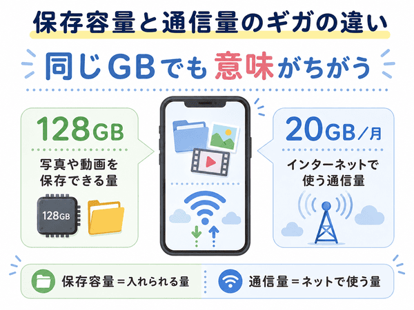 保存容量の128GBと通信量の月20GBは同じGBでも意味が違うことを説明した図解