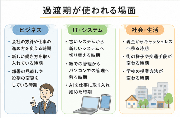 ビジネス・IT・社会生活で過渡期が使われる場面をまとめた図解