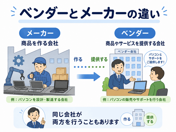 ベンダーとメーカーの違いをわかりやすく示した図解