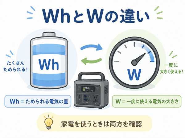 ポータブル電源のWhとWの違い