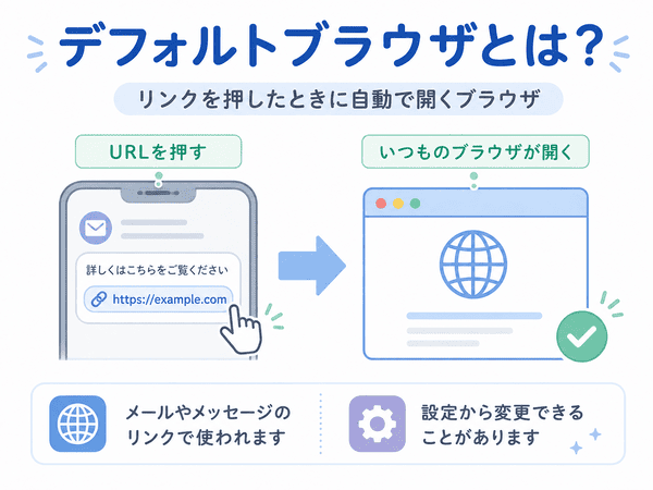 デフォルトブラウザとはリンクを押したときに自動で開くブラウザだと説明した図