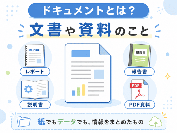 ドキュメントとは文書や資料のことで、レポートや報告書、説明書、PDF資料が含まれることを示す図