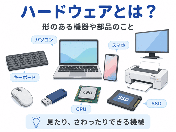 ハードウェアとは形のある機器や部品であることを初心者向けに説明した図解