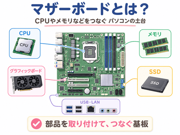 マザーボードとはCPUやメモリなどの部品をつなぐ役割