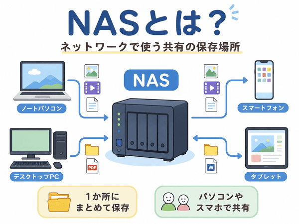 NASとはネットワークで使う共有の保存場所であることを説明した図