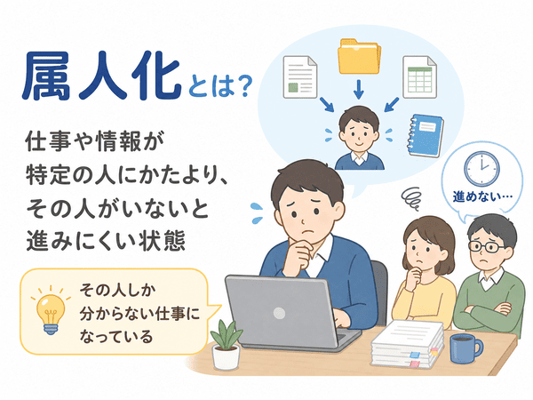 属人化とは仕事や情報が特定の人にかたより、その人がいないと進みにくい状態