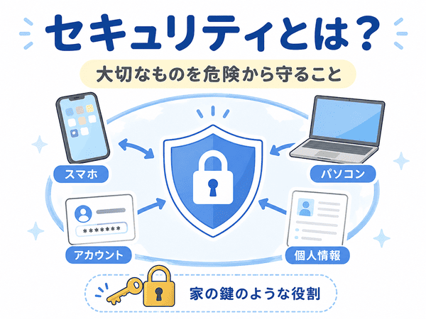 セキュリティとはスマホやパソコンなどの大切なものを危険から守ることを示した図解