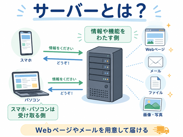 サーバーとは何かを初心者向けにやさしく説明した図解