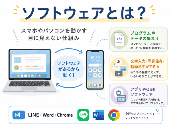 ソフトウェアとは何かをスマホとパソコンの例でやさしく説明した図