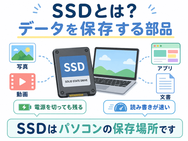 SSDとは写真や動画、アプリ、文書などのデータを保存する部品であることを示した図解