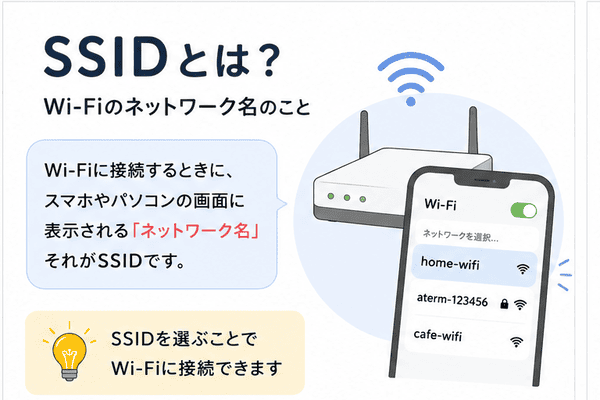 SSIDとはWi-Fiの接続先を見分けるネットワーク名であることを説明した図