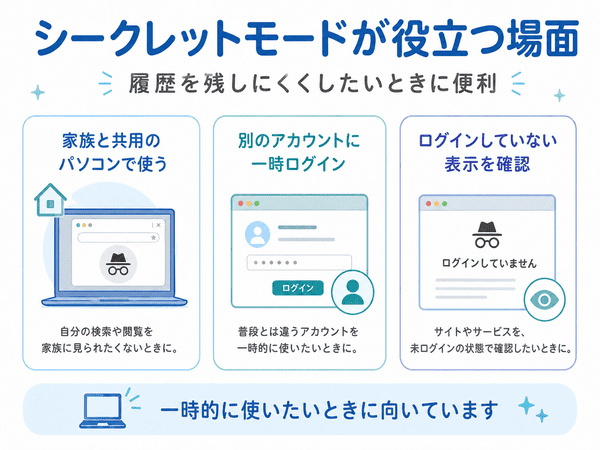 シークレットモードが共用パソコンや別アカウントの利用で役立つ場面を示す図