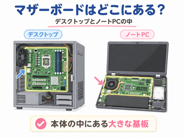 デスクトップとノートパソコン内にあるマザーボードの場所