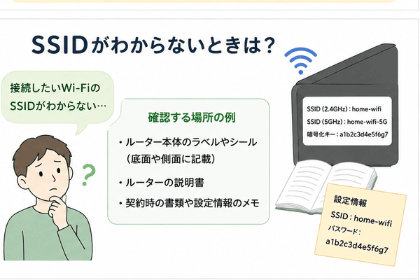SSIDが分からないときにWi-Fiルーターのラベルなどで確認する場所を説明した図