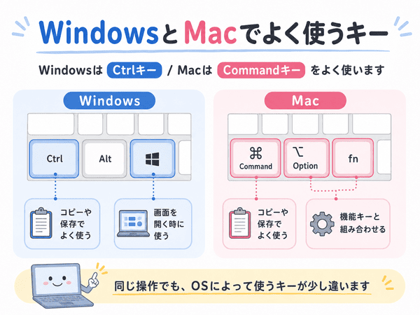 WindowsのCtrlキーとMacのCommandキーなどの違いを説明した図