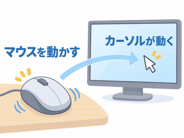 マウスを動かすと画面上のカーソルが動く仕組みを示した図
