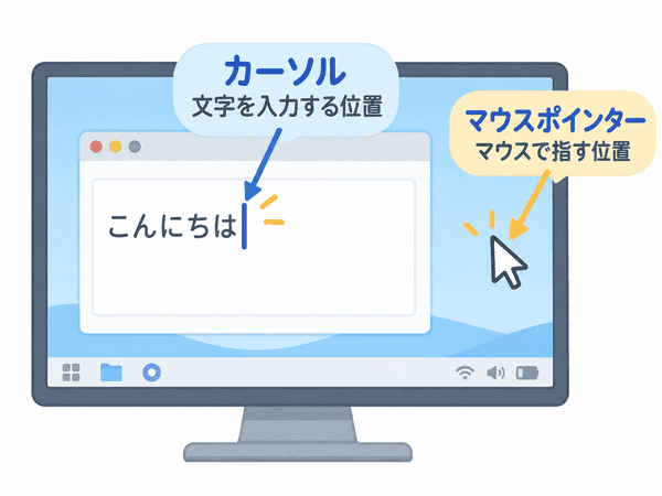 カーソルとマウスポインターの役割の違いを示した図