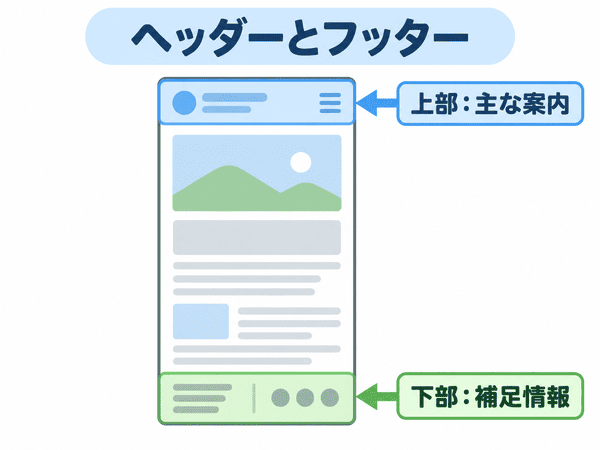 ヘッダーは上部の案内、フッターは下部の補足情報であることを示した図