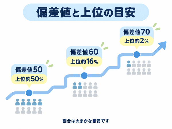 偏差値50・60・70と上位割合の目安を示す図
