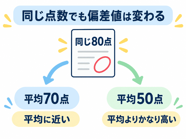 同じ80点でも平均点によって評価が変わることを示す図