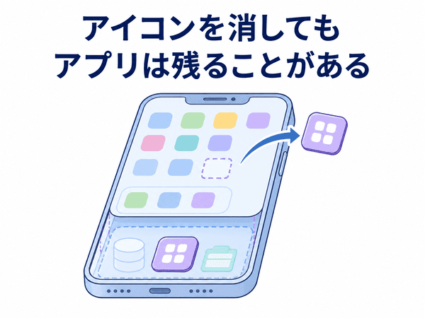 ホーム画面からアイコンを消してもアプリが残る場合を示す図