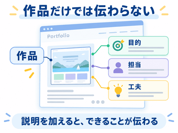 ポートフォリオには作品の目的・担当・工夫も記載する
