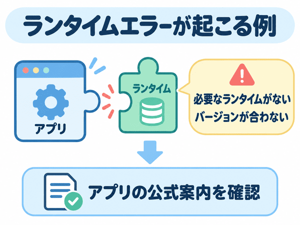 必要なランタイムやバージョンの違いでエラーが起こる例