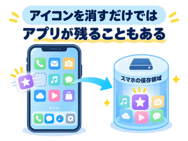 アイコンを消してもアプリ本体が残る場合があることを示す図