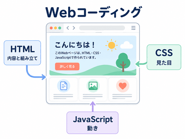 WebコーディングでHTML、CSS、JavaScriptが受け持つ役割を示す図