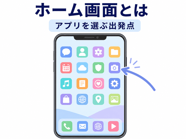 ホーム画面とはアプリを選ぶ出発点であることを示す図