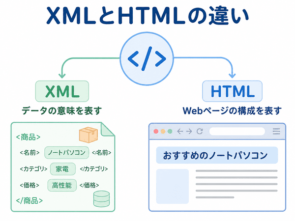 XMLはデータの意味を表しHTMLはWebページの構成を表す違い